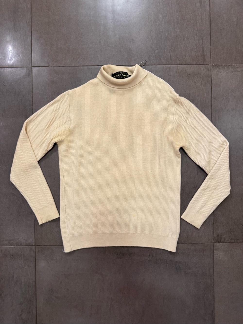 Vintage Pierre Cardin Beige Mock Neck Wool Ribbed Sweater, Men’s Medium